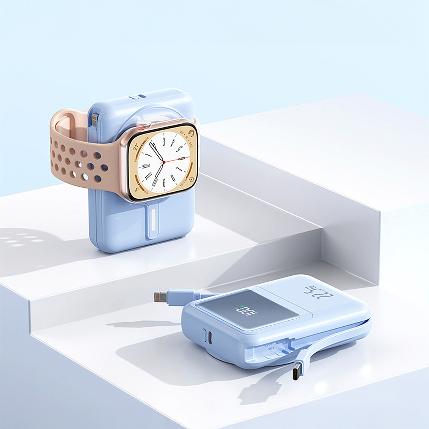 Powerbank 10.000mAh con carga rápida PD22,5W y carga inalámbrica de 15W. Cables USB-C y Lightning integrados. Pantalla led de carga.