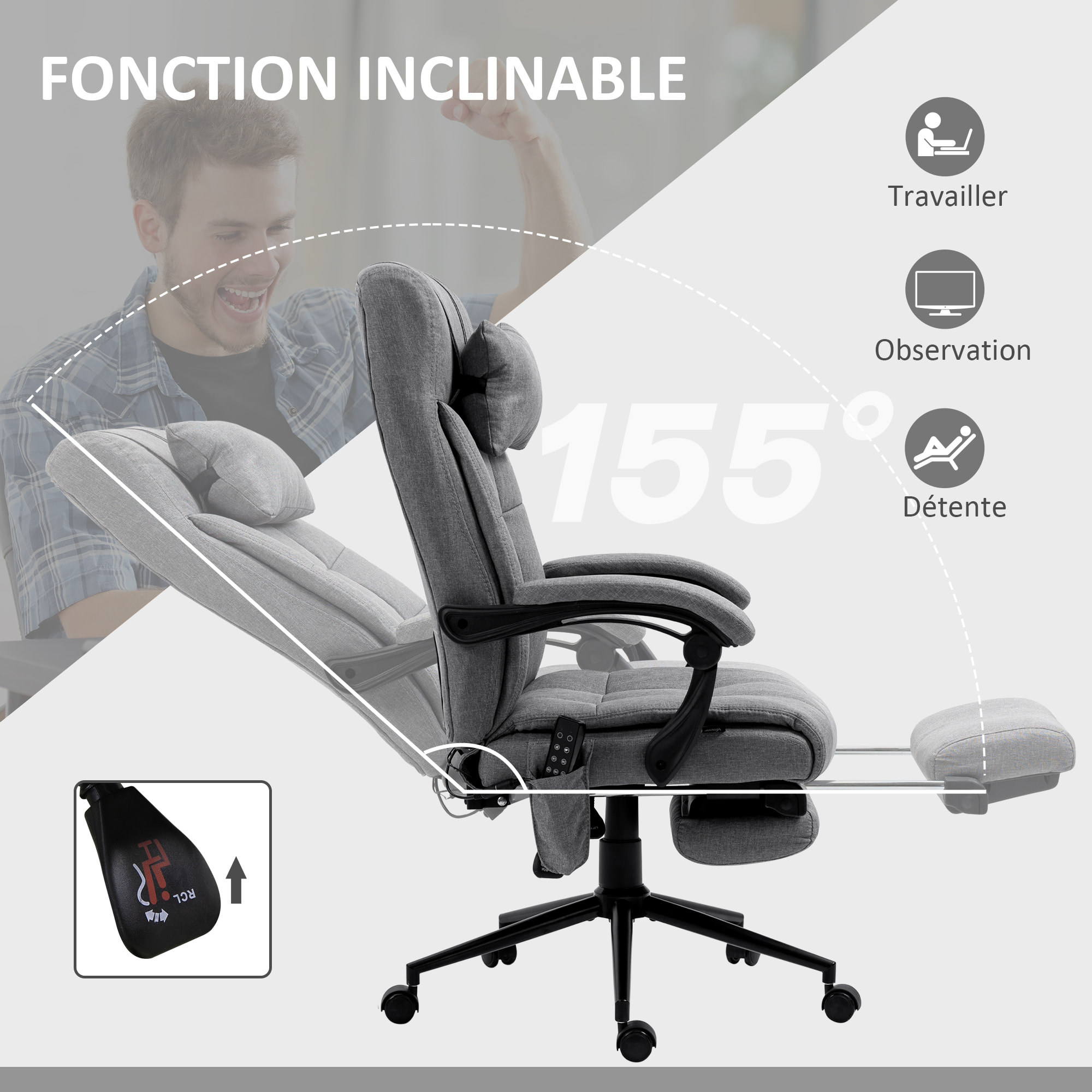 Chaise de bureau ergonomique design - fonctions massante et chauffante - inclinable, réglable - repose-pied - tissu gris