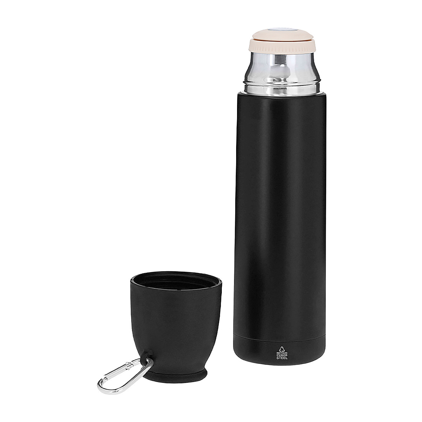 Set de termo con taza en Acero Inox Reciclado. Termo de 500 ml de capacidad y de doble pared con taza de 120ml.