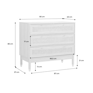 Commode décor bois et cannage 3 tiroirs teinte naturelle - 90 x 40 x 80 cm - Judith