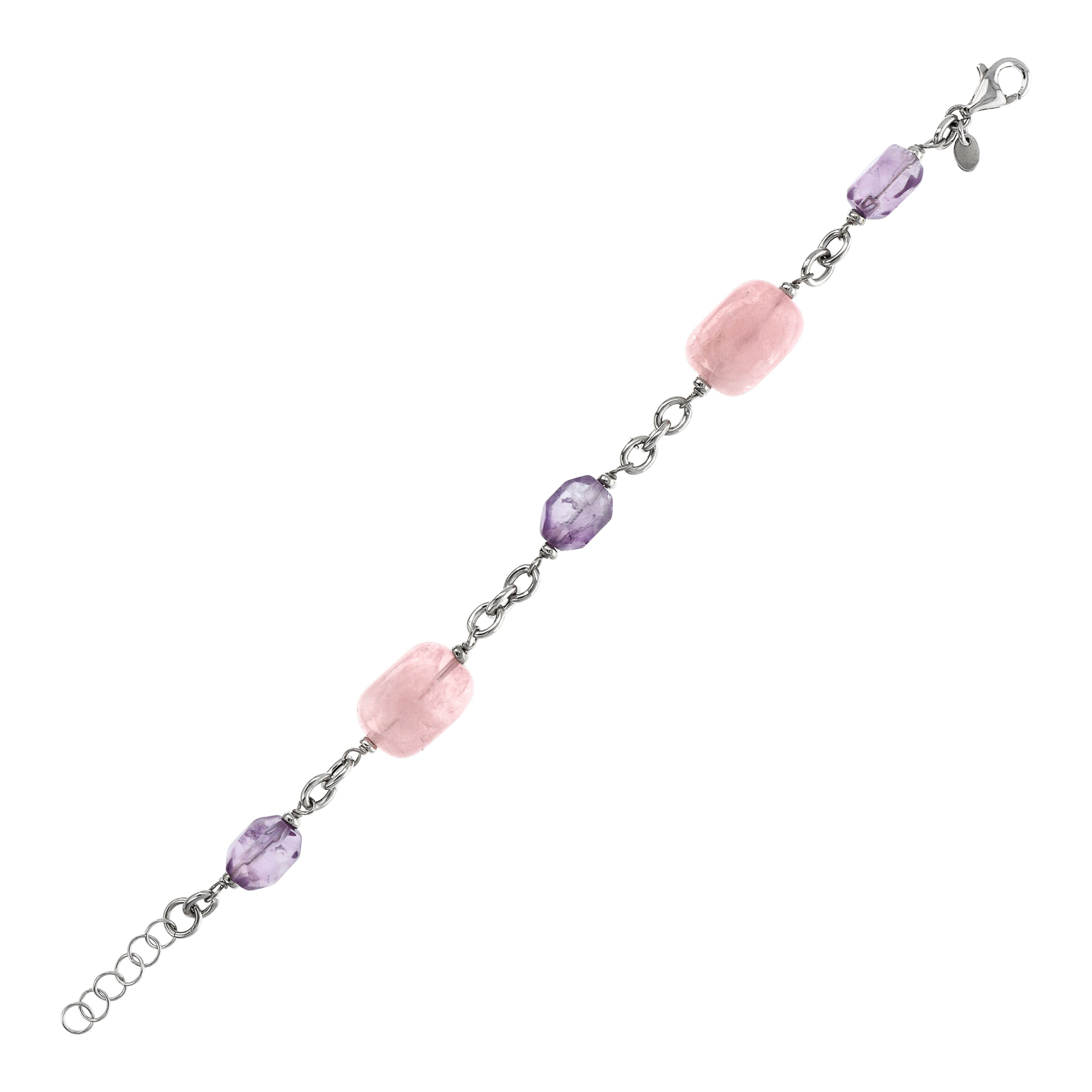 Bracciale Catena Rolo con Ametista Viola e Quarzo Rosa in Argento 925 placcato Rodio