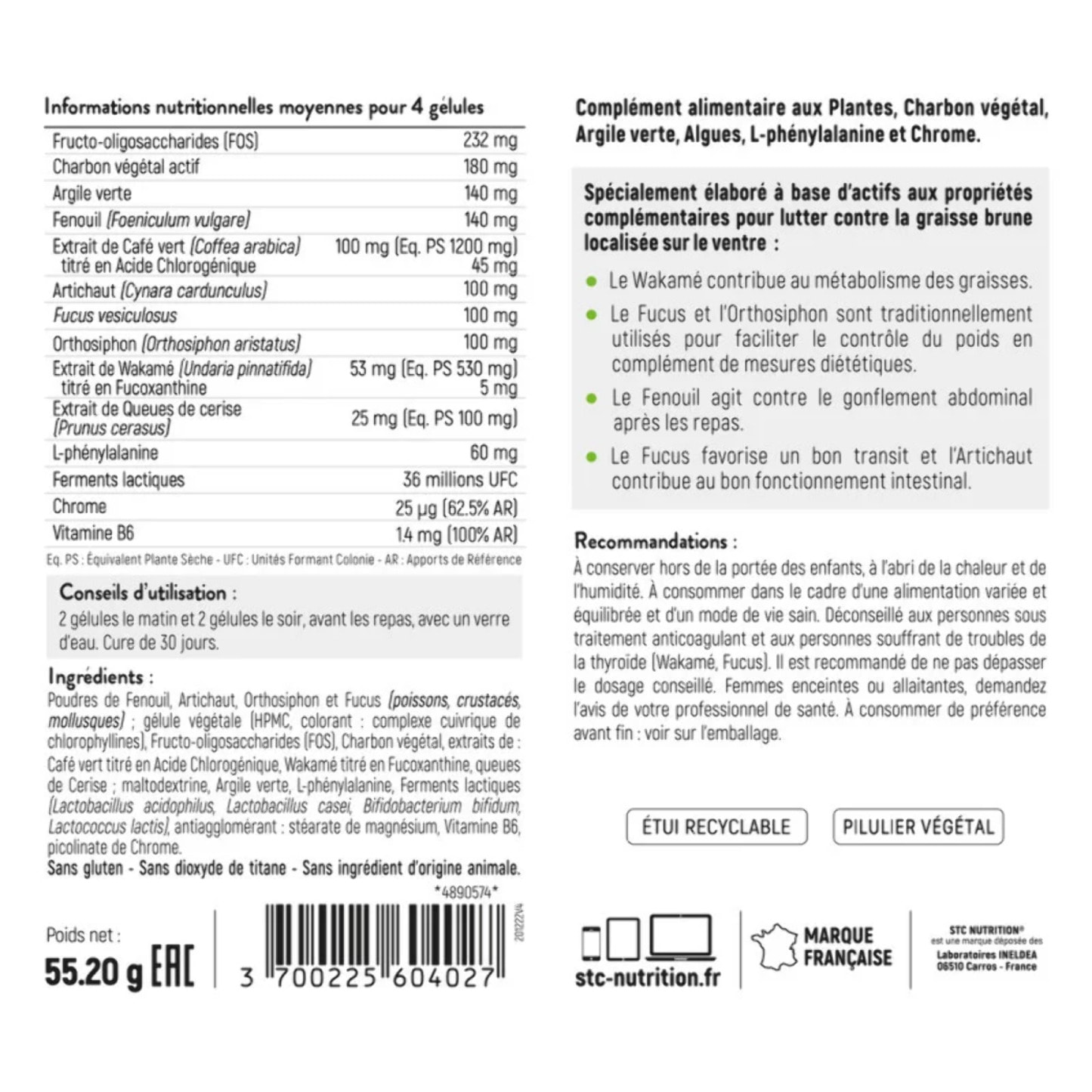 Taille Abdos Ventre Plat - Complément Alimentaire Spécial Graisses Abdominales - Bien-être digestif - 100% Vegan - 120 Gélules Végétales