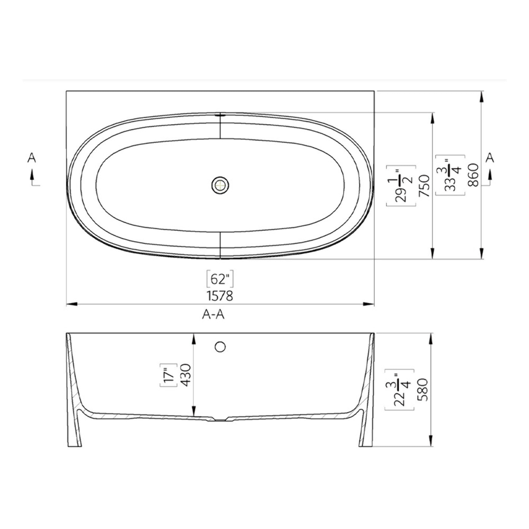 Agnes 158x86 cm Baignoire autoportante en marbre coulé, sans pieds, blanc (SATAG1580)