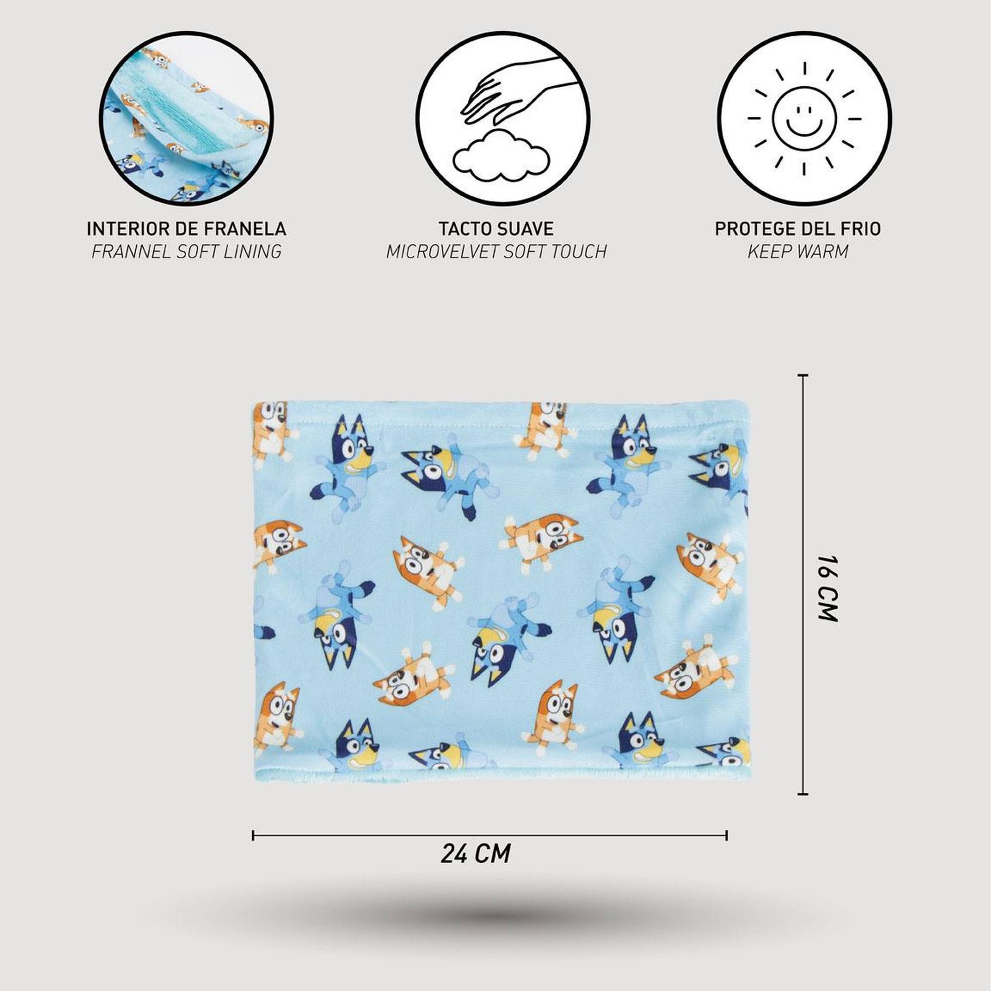 Braga cuello de bluey para niños - color azul - talla única - elaborada en 100% poliéster - diseño estampado con bluey y su familia