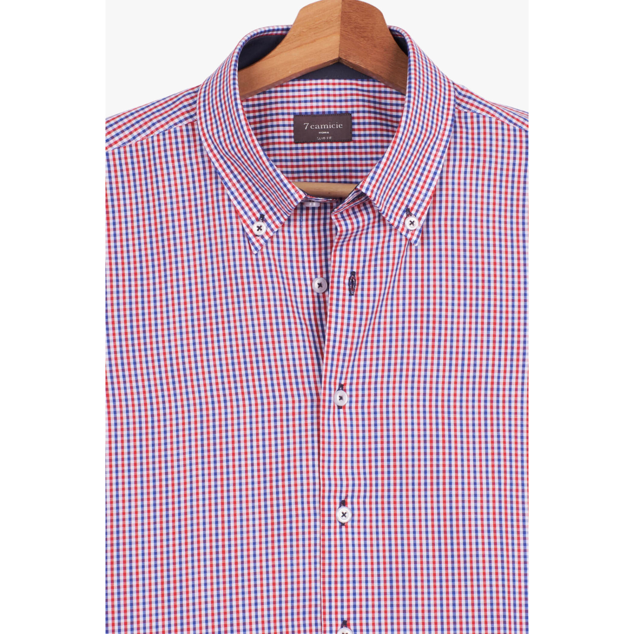 Camicia Uomo 1 Bottone Button Down Manica Corta Slim Popeline Quadro Piccolo Blu\Rosso