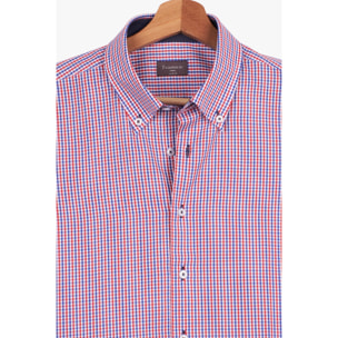 Camicia Uomo 1 Bottone Button Down Manica Corta Slim Popeline Quadro Piccolo Blu\Rosso