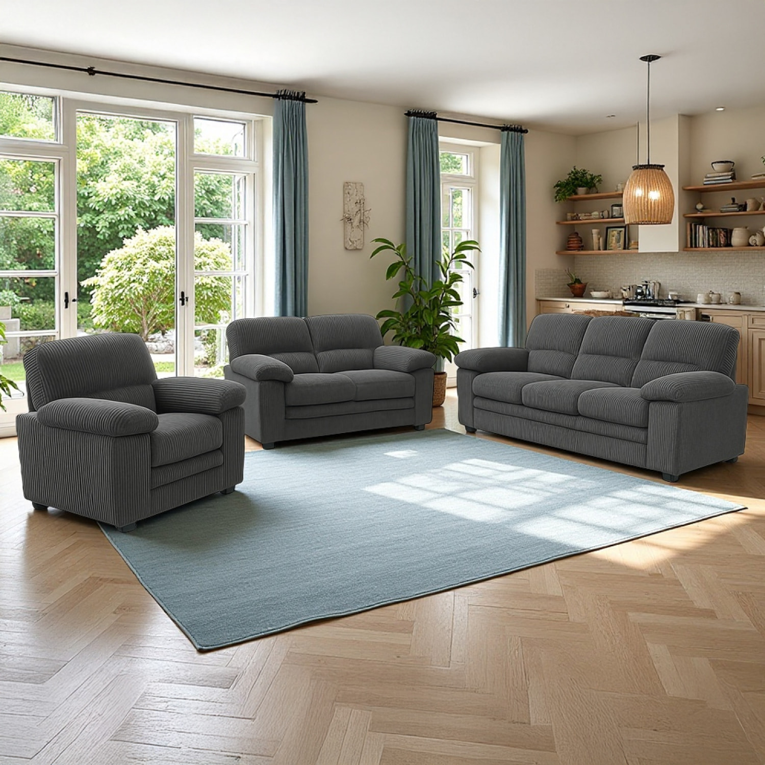 MATHEW Ensemble canapé 3 places + 2 places + fauteuil en velours côtelé gris foncé