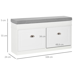 HOMCOM Banco Zapatero Banco de Almacenamiento para 8 Pares de Zapatos con 2 Cajones Estantes Ajustables y Cojín Acolchado para Entrada Pasillo 104x24x55 cm Blanco