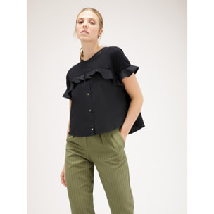 Motivi - T-shirt con volant ed inserto in popeline - Nero