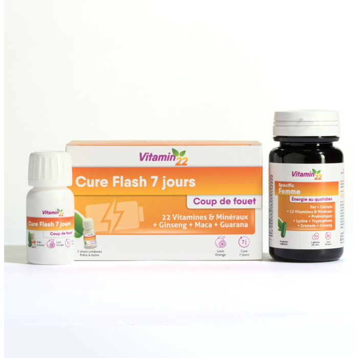 VITAMIN'22 - Programme Vitaminé - Formule spécifique Femme - Action fortifiante anti fatigue - Cure Flash 7 jours "coup de fouet" - 7 doses de 30ml + 60 gélules végétales