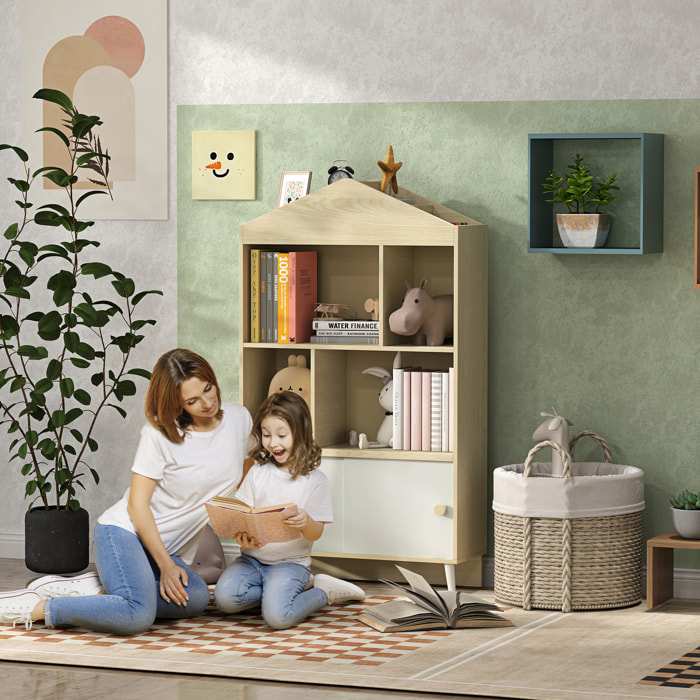 Estantería Infantil de Madera con 4 Compartimentos Librería Infantil con Estantes Abiertos y Armario para Habitación de Niños Sala de Juegos 80x30x140,5 cm Blanco y Natural