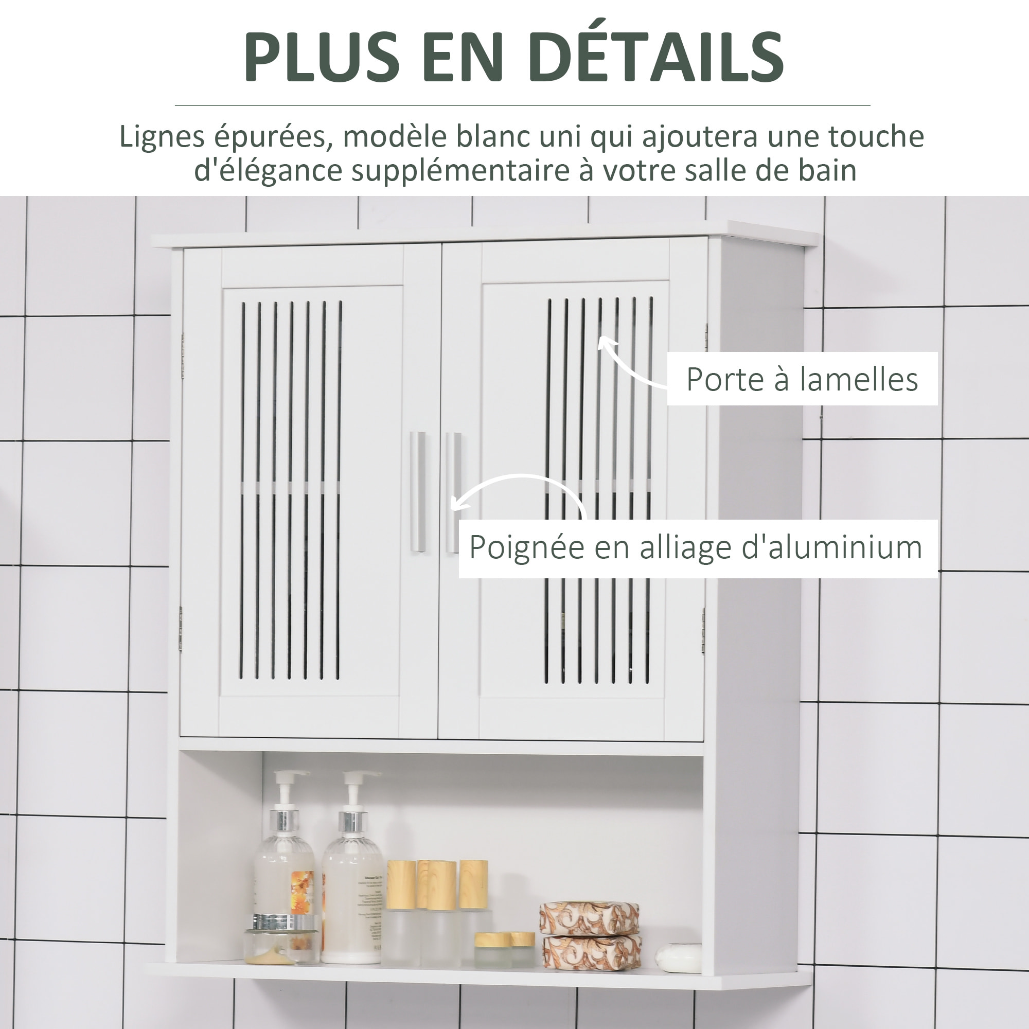 Armoire murale de salle de bain 2 portes - étagère, niche - dim. 60 x 20 x 70 cm - blanc