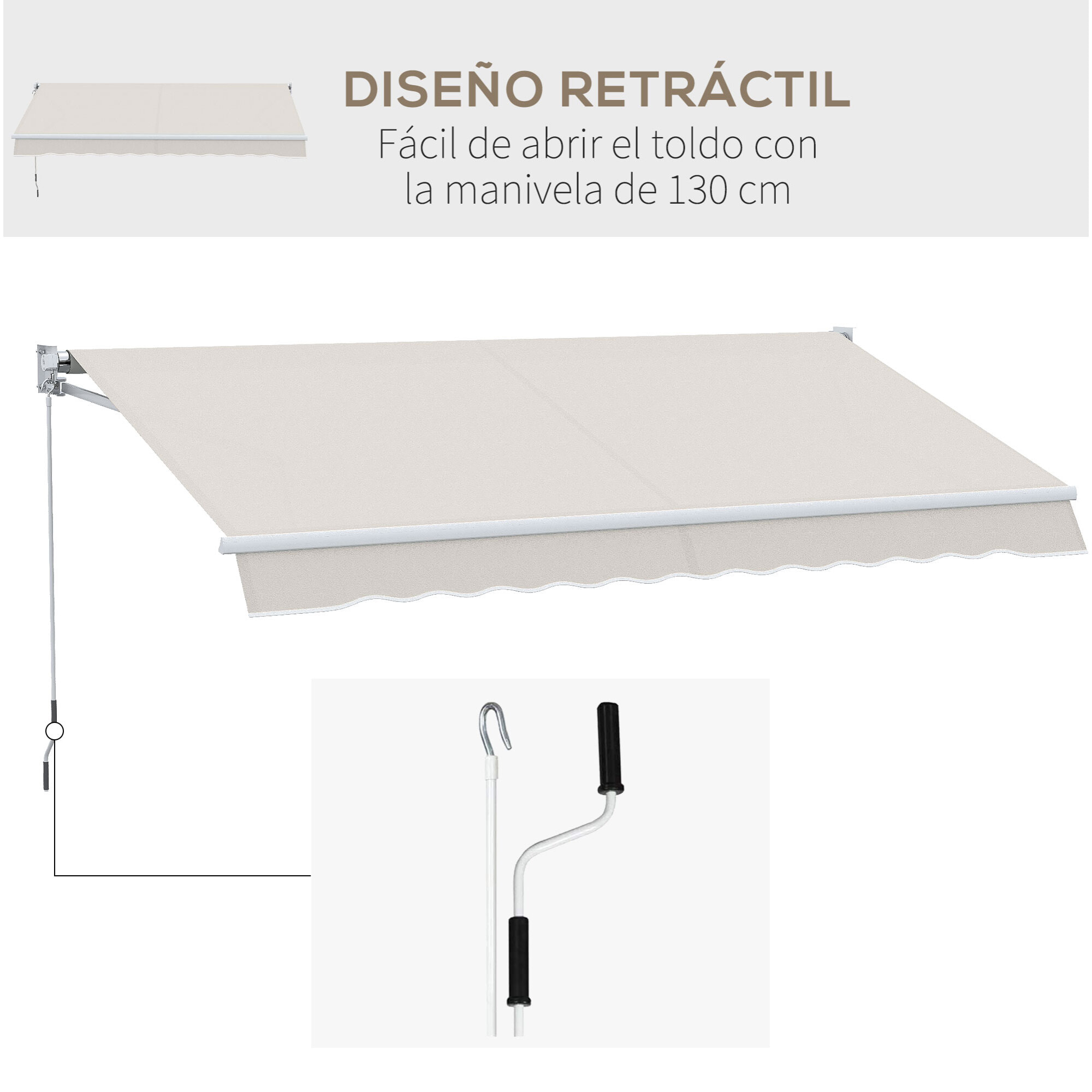 Toldo Manual Retráctil con Manivela de Aluminio 200x295 cm Toldo de Pared o Techo con Protección Solar UV50+ para Jardín Terraza Exterior Crema