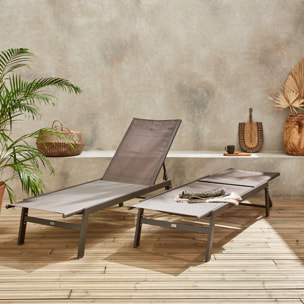 Lot de 2 transats taupe. 5 positions. en textilène et métal. FLORA.  L155 x P59 x H106cm