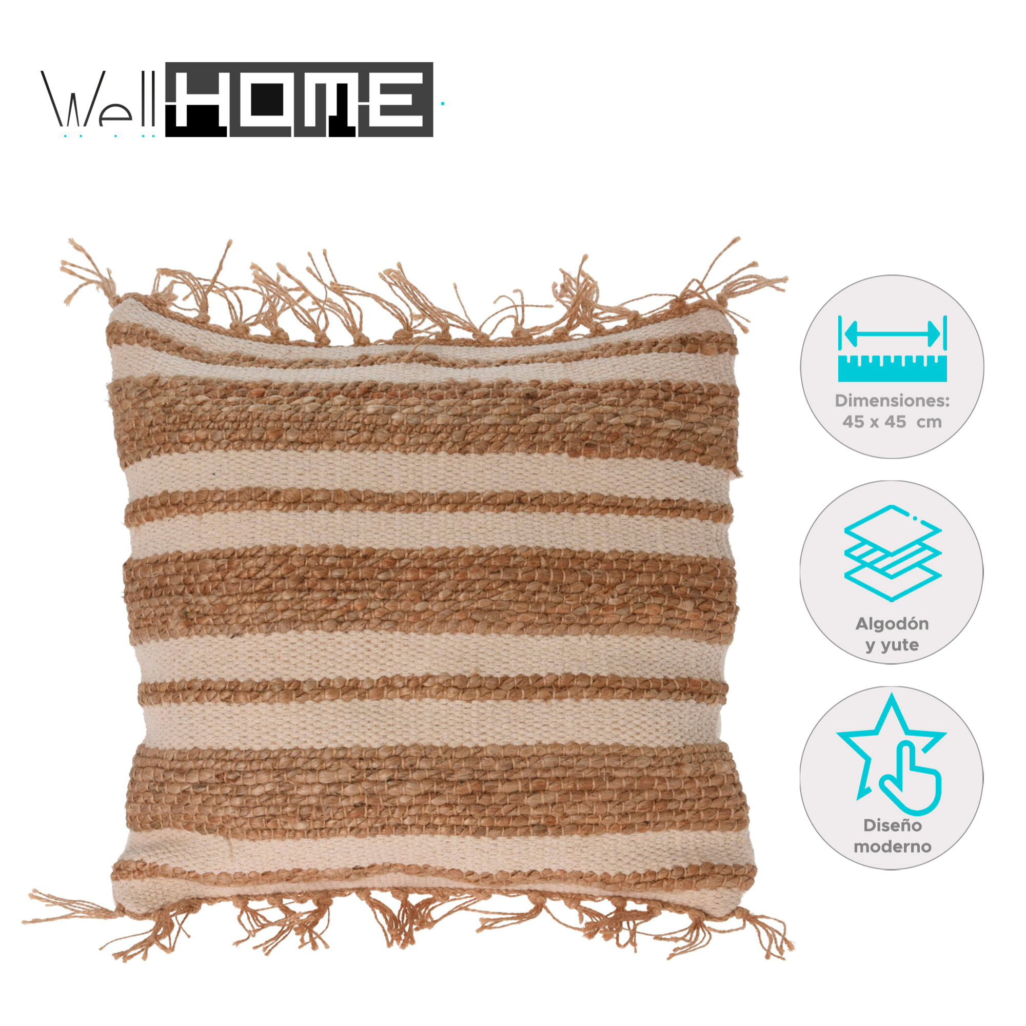 Cojín de yute y algodón con flecos en beige/multi 45x45cm - Relleno de 400gr al vacío