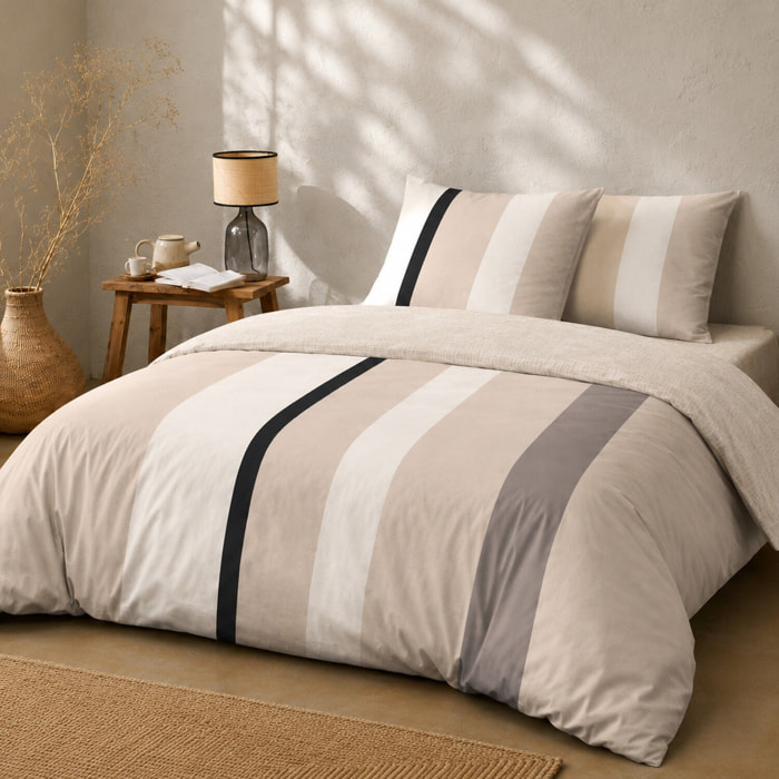 Parure housse de couette 100% coton rayures beige - Cally