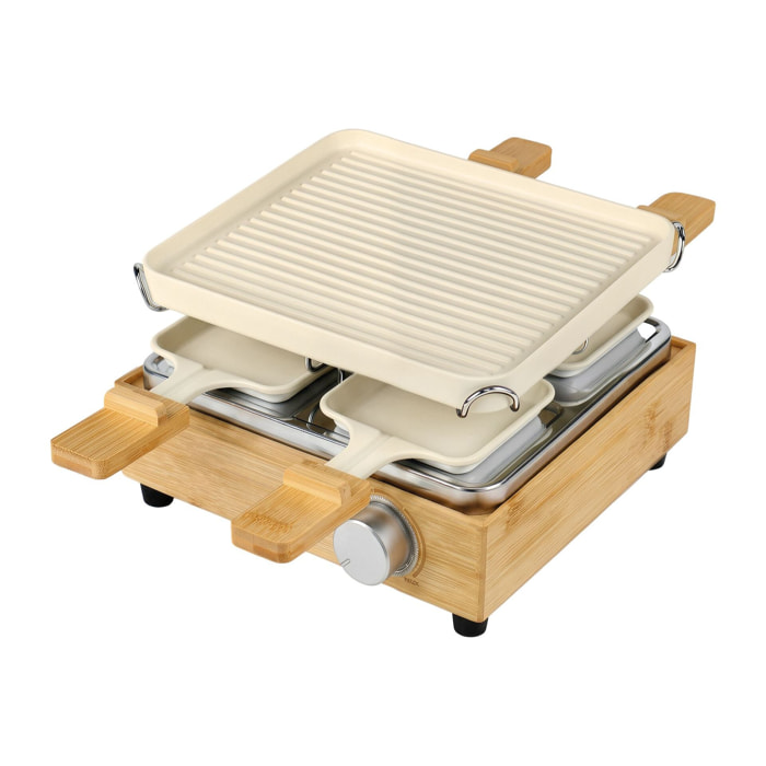 Appareil à raclette 4 personnes en aluminium crème et bambou
