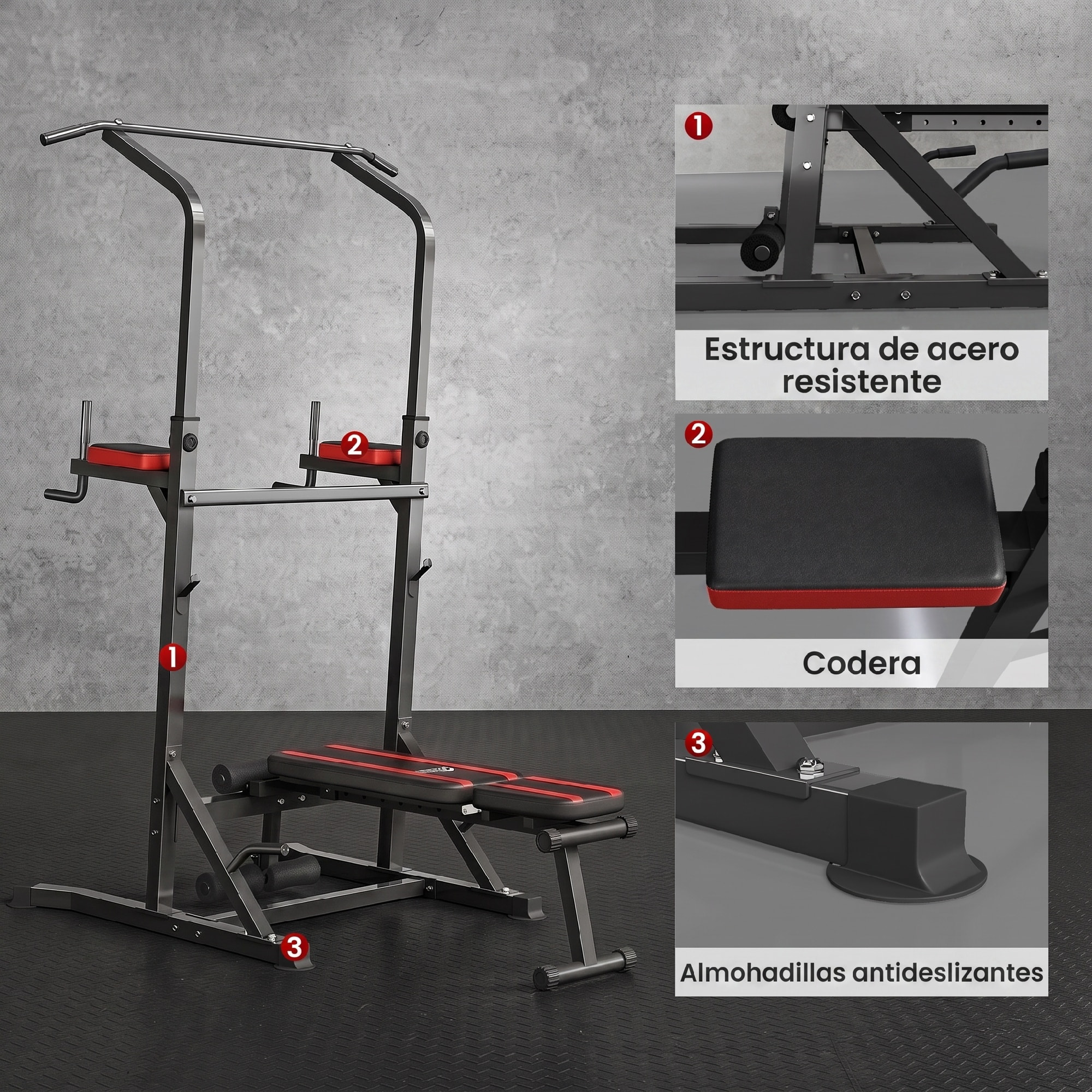 Estación de Musculación Plegable Torre de Entrenamiento Altura Ajustable con Barra de Dominadas Banco Reclinable para Fitness en Casa Gimnasio Carga 150 kg Antideslizante Acolchada Negro y Rojo