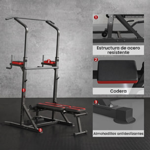 Estación de Musculación Plegable Torre de Entrenamiento Altura Ajustable con Barra de Dominadas Banco Reclinable para Fitness en Casa Gimnasio Carga 150 kg Antideslizante Acolchada Negro y Rojo