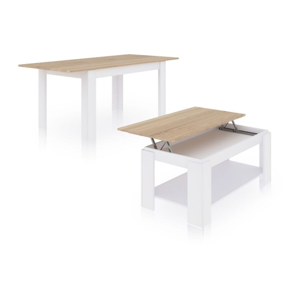 Pack mesa de comedor 140 y mesa de centro Lya Blanco Artik (Blanco Mate) - Roble Canadian
