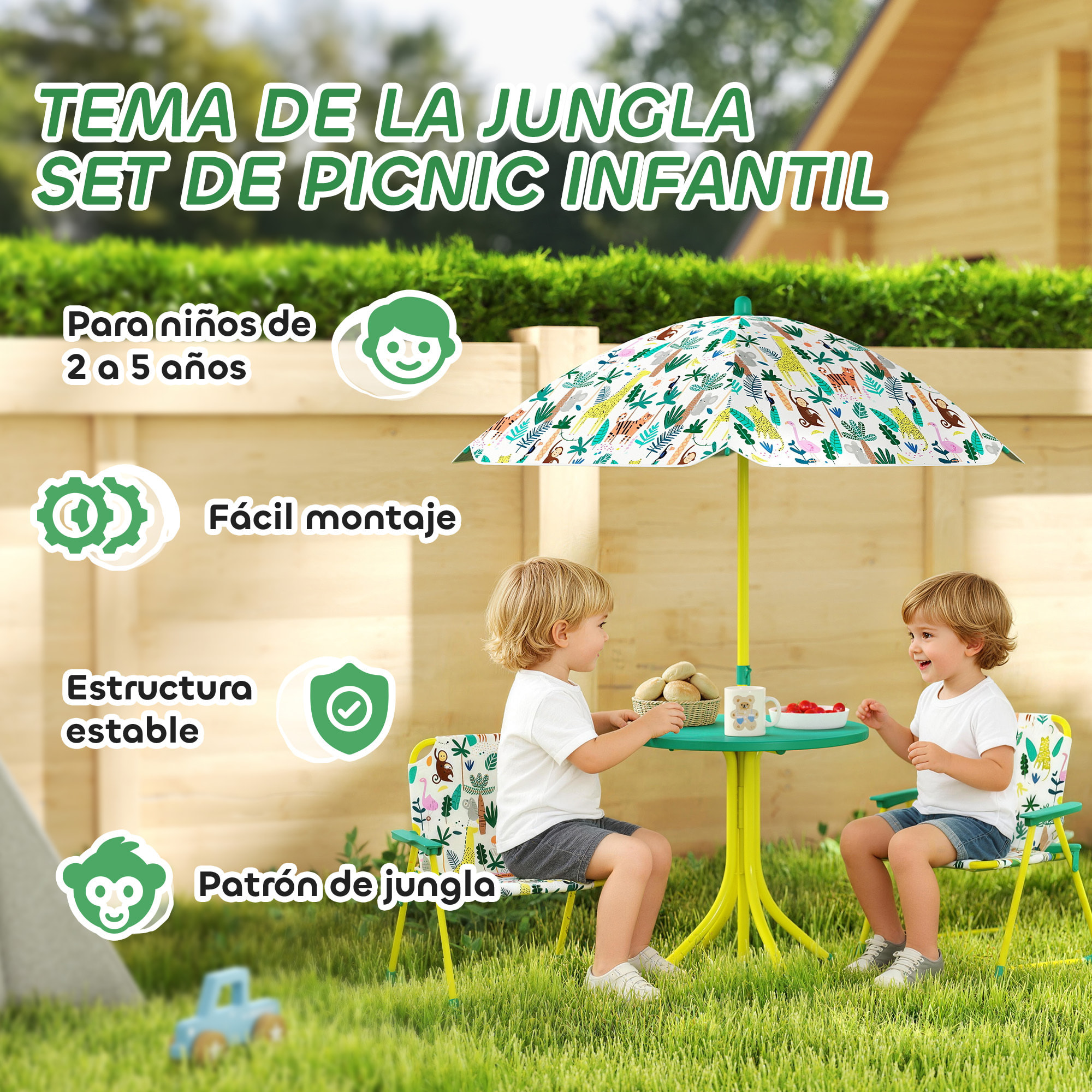 Conjunto de Mesa y Sillas Infantil de Jardín de 4 Piezas, Mesa Infantil con Sillas Plegables, Sombrilla Desmontable, Diseño de Jungla, para Patio, Pícnic, Verde
