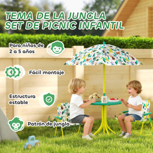 Conjunto de Mesa y Sillas Infantil de Jardín de 4 Piezas, Mesa Infantil con Sillas Plegables, Sombrilla Desmontable, Diseño de Jungla, para Patio, Pícnic, Verde