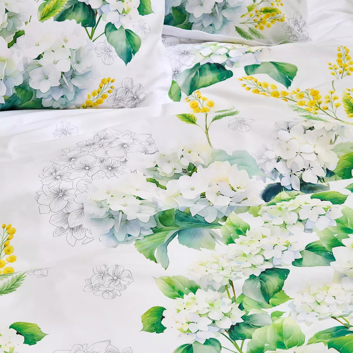 Lot h.couette +taies percale de coton imprimé blanc jaune Annabelle mimosa