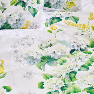 Lot h.couette +taies percale de coton imprimé blanc jaune Annabelle mimosa