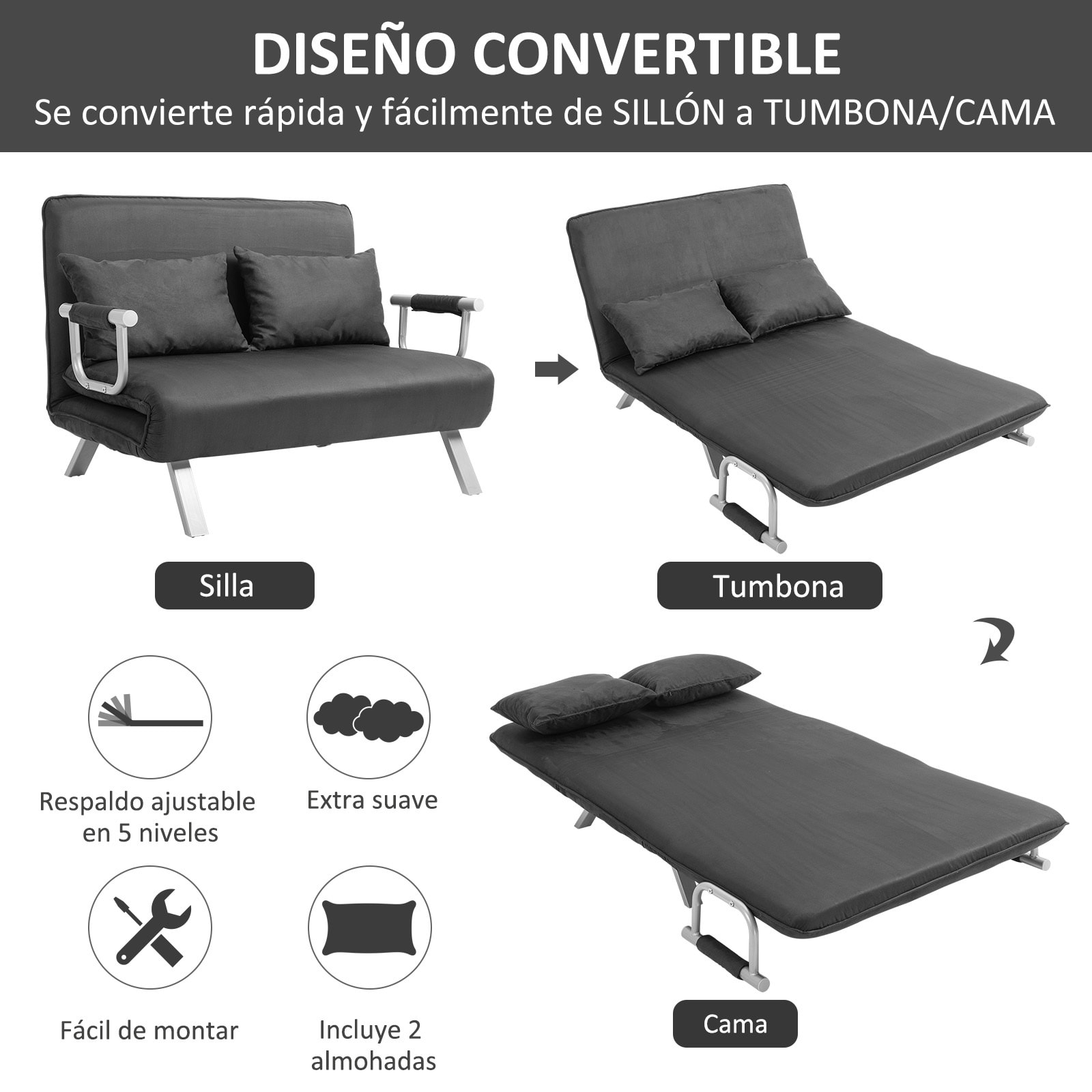 Sofá Cama de 2 Plaza 2 en 1, Sillón Cama Plegable Tapizado en Ante Sintético, con Respaldo Ajustable en 5 Niveles y 2 Almohadas Acolchadas, para Oficina, Dormitorio, Salón, 111x80x78 cm, Gris