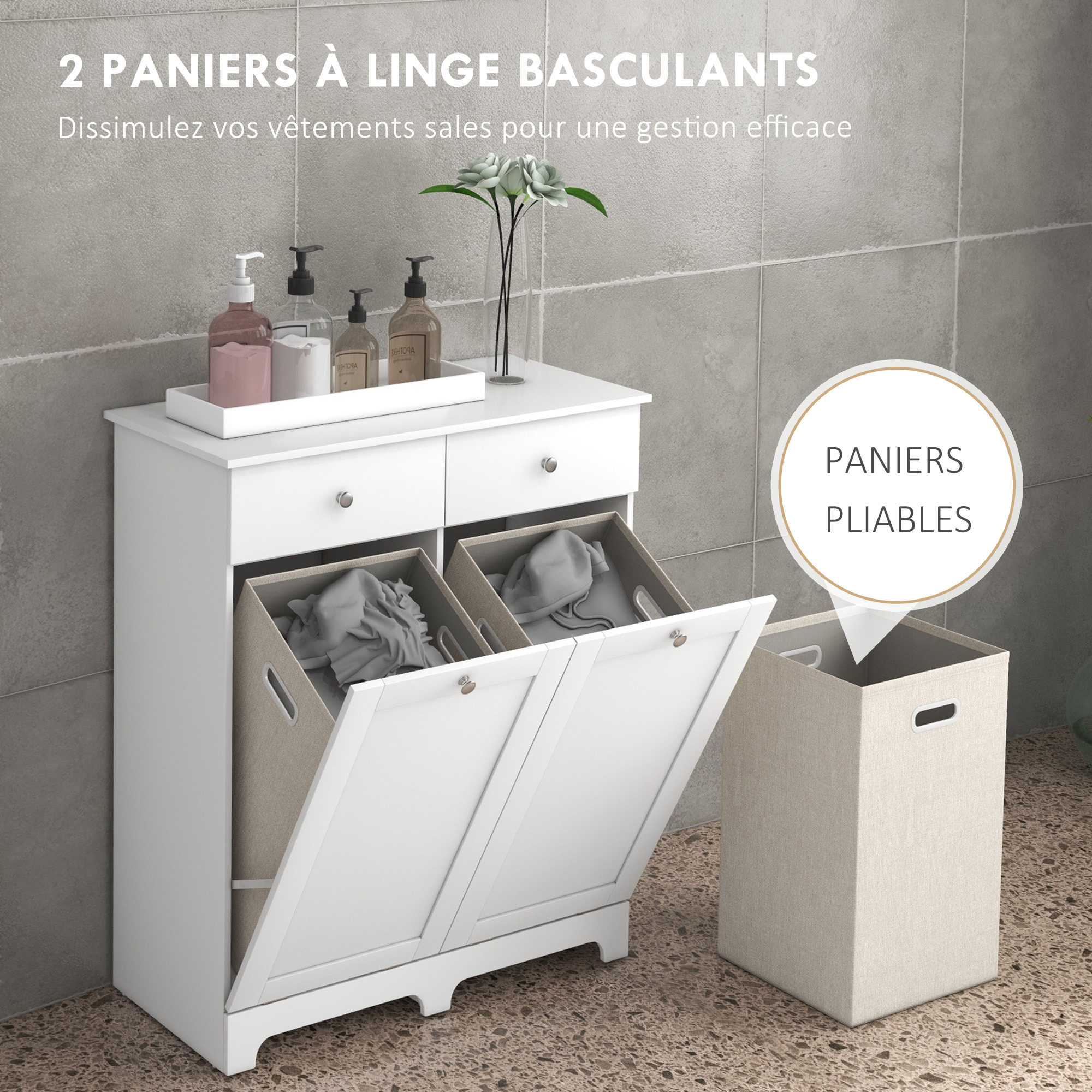 Armoire de salle de bain, meuble de rangement, avec paniers à linge pliables 2 tiroirs, en bois, 78L x 40l x 90,5H cm, blanc