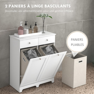 Armoire de salle de bain, meuble de rangement, avec paniers à linge pliables 2 tiroirs, en bois, 78L x 40l x 90,5H cm, blanc
