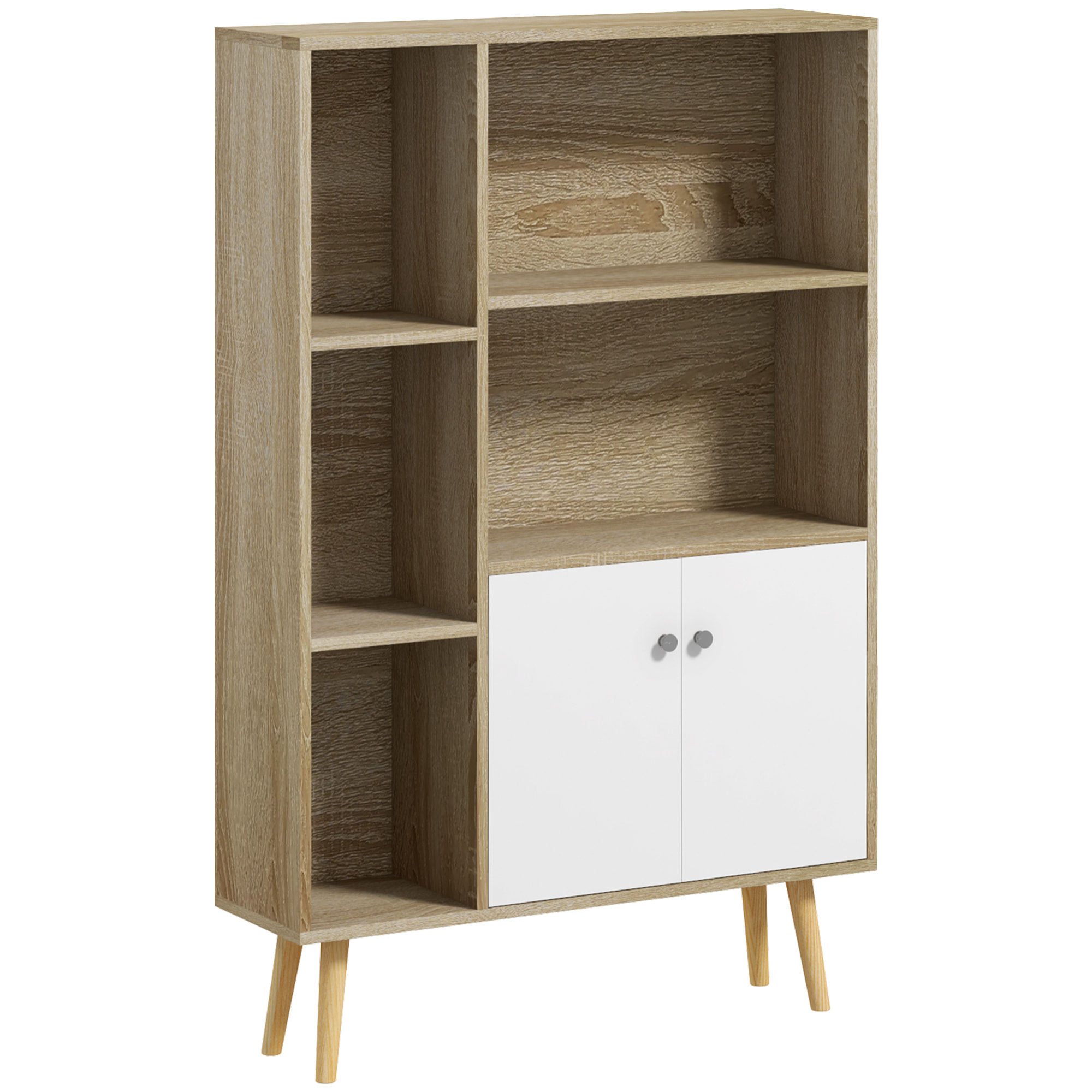 Bibliothèque scandinave dim. 80L x 23,5l x 123H cm 5 niches placard 2 portes pieds effilés inclinés bois massif panneaux particules naturel et blanc