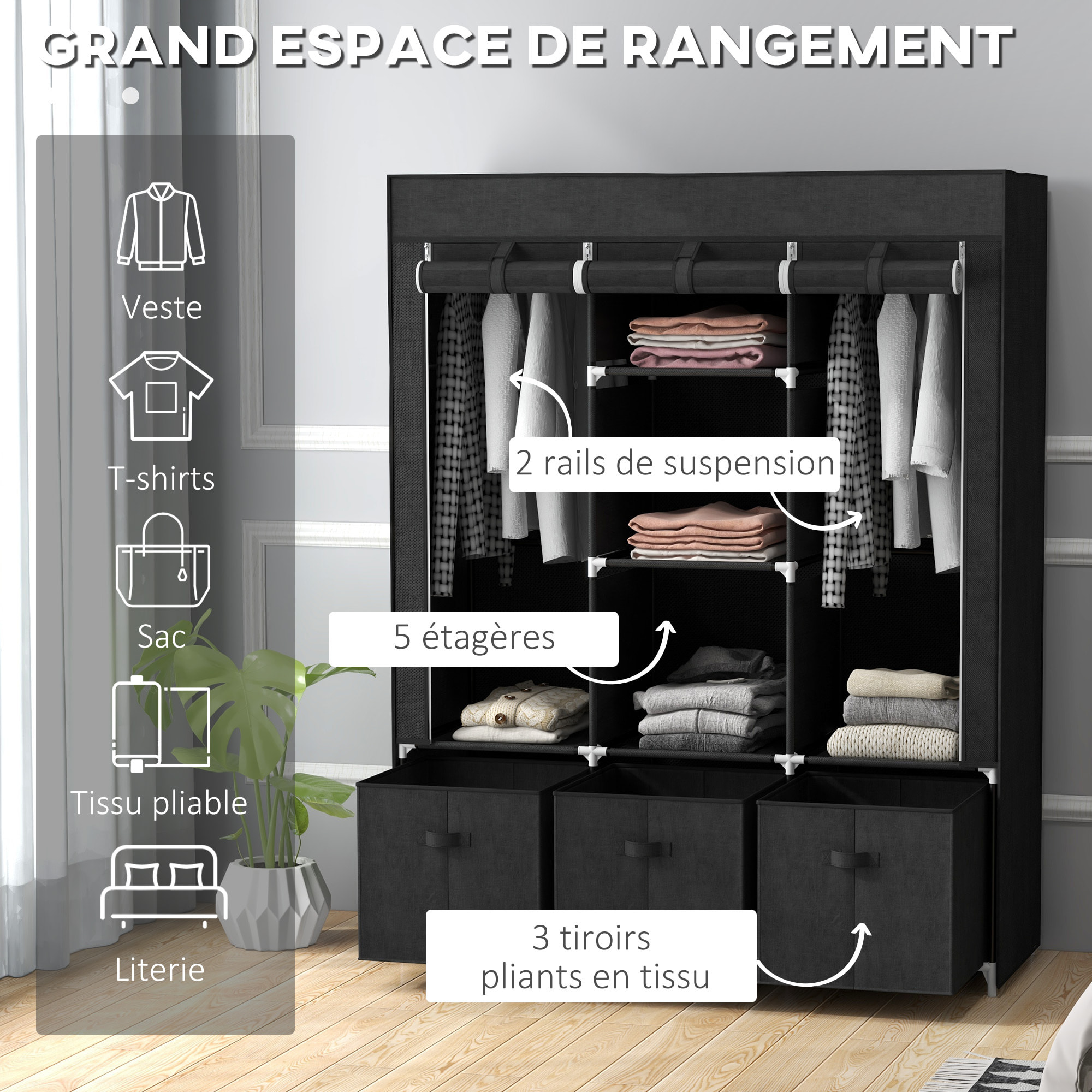 Armoire penderie pliable 5 étagères 2 tringles 3 tiroirs tissu noir