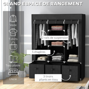 Armoire penderie pliable 5 étagères 2 tringles 3 tiroirs tissu noir
