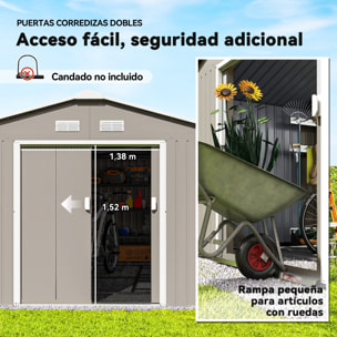 Caseta de Jardín Exterior 12,4 m² 340x386x200 cm, Cobertizo de Jardín Exterior Metálico con Puerta Corredera, Base Refuerzo (Suelo NO Incluido) y Ventanas Gris Claro