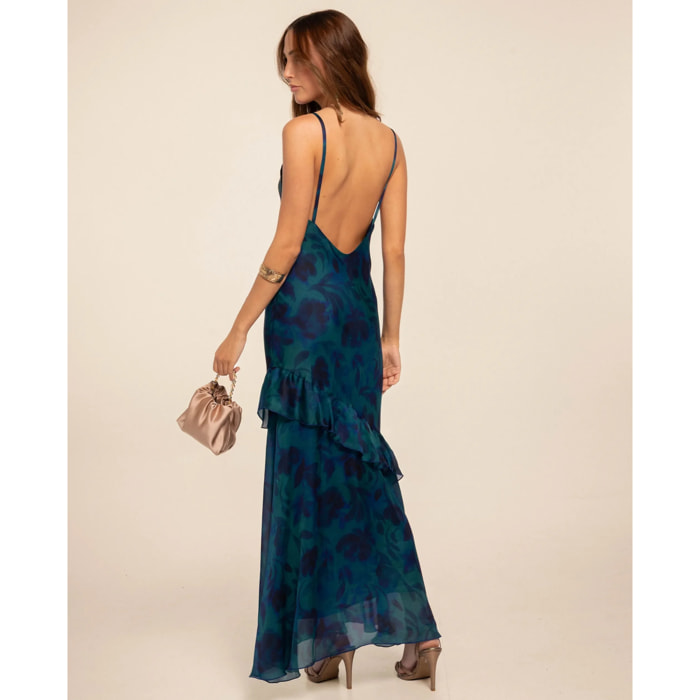 Vestido midi de tirantes con volante y corte lencero