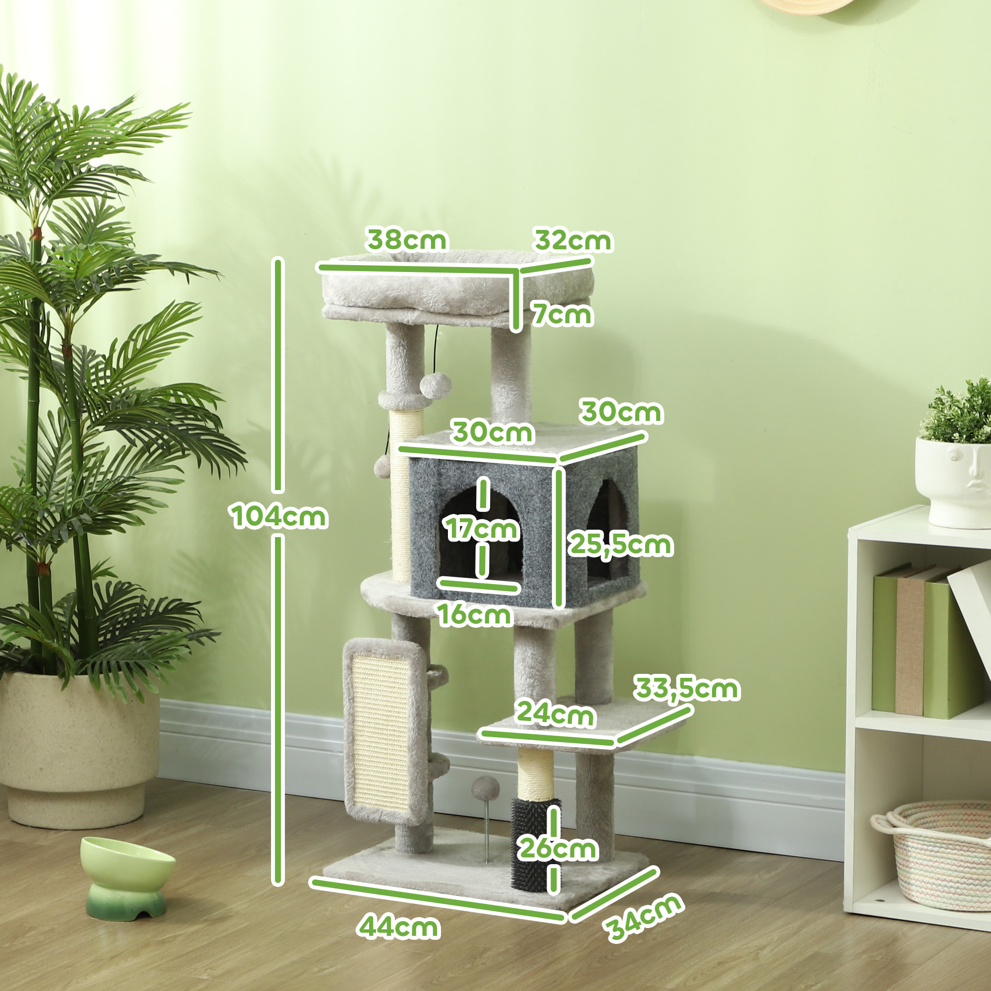 Arbre à chat H.104 cm - griffoir, grattoir, bande massante, jeux boules, niche, plateforme observation - gris