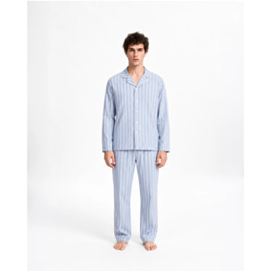 Pigiama lungo a camicia in cotone a righe Marsella celeste