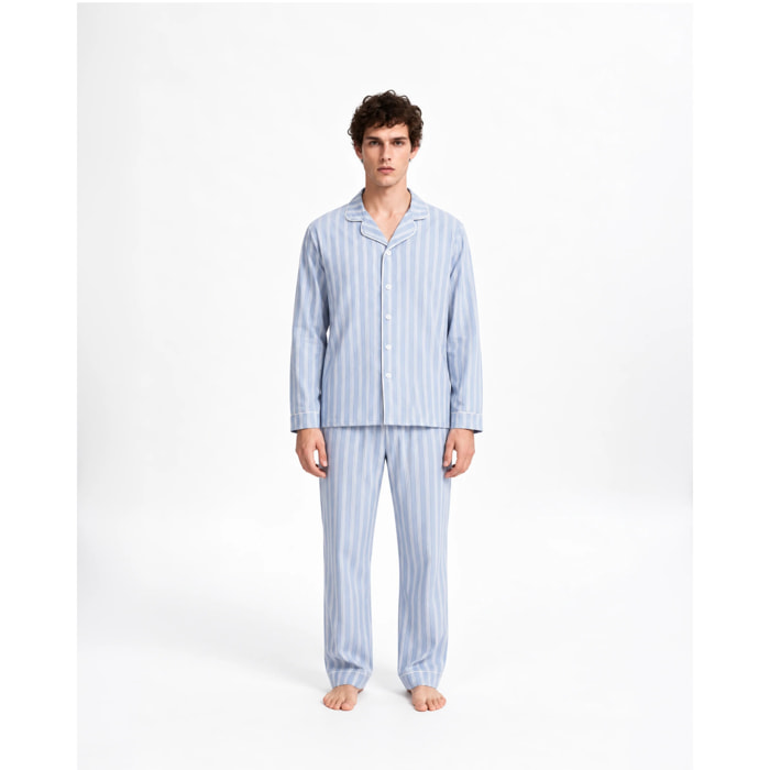 Pigiama lungo a camicia in cotone a righe Marsella celeste