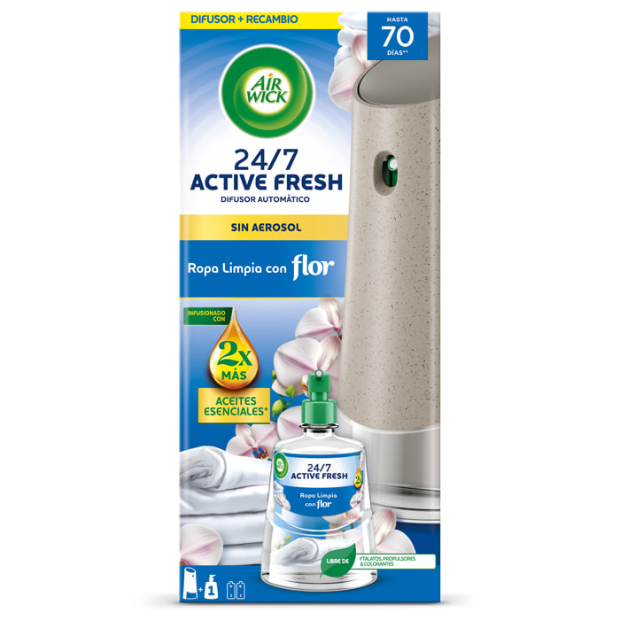 Air Wick Active Fresh Spray Automatico Sin Aerosol - Ambientador para casa con aroma a Ropa Limpia Con Flor - Aparato y recambio