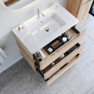 Meuble de salle de bains 80cm 3 tiroirs Chêne Clair - Vasque céramique blanche - JOTA