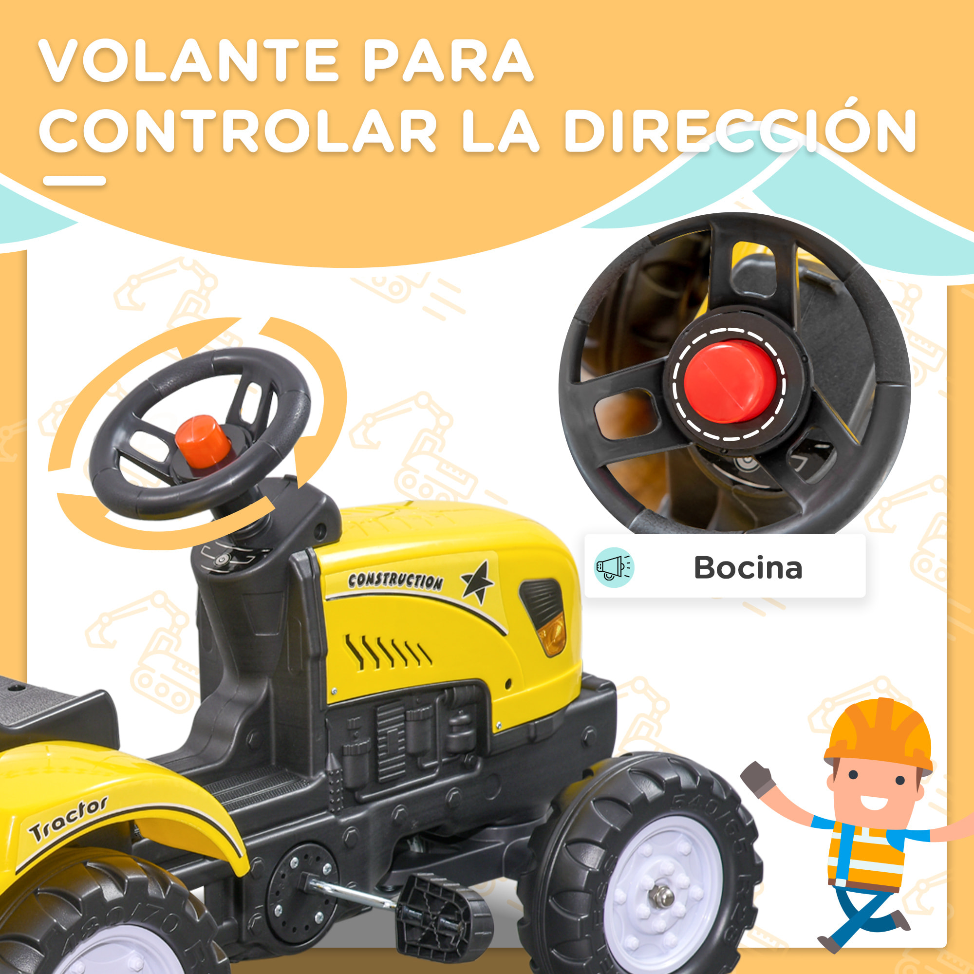 Tractor a Pedales para Niños de 3 Años con Remolque Juguete de Montar Coche de Pedales Carga 35 kg 133x42x51 cm Amarillo