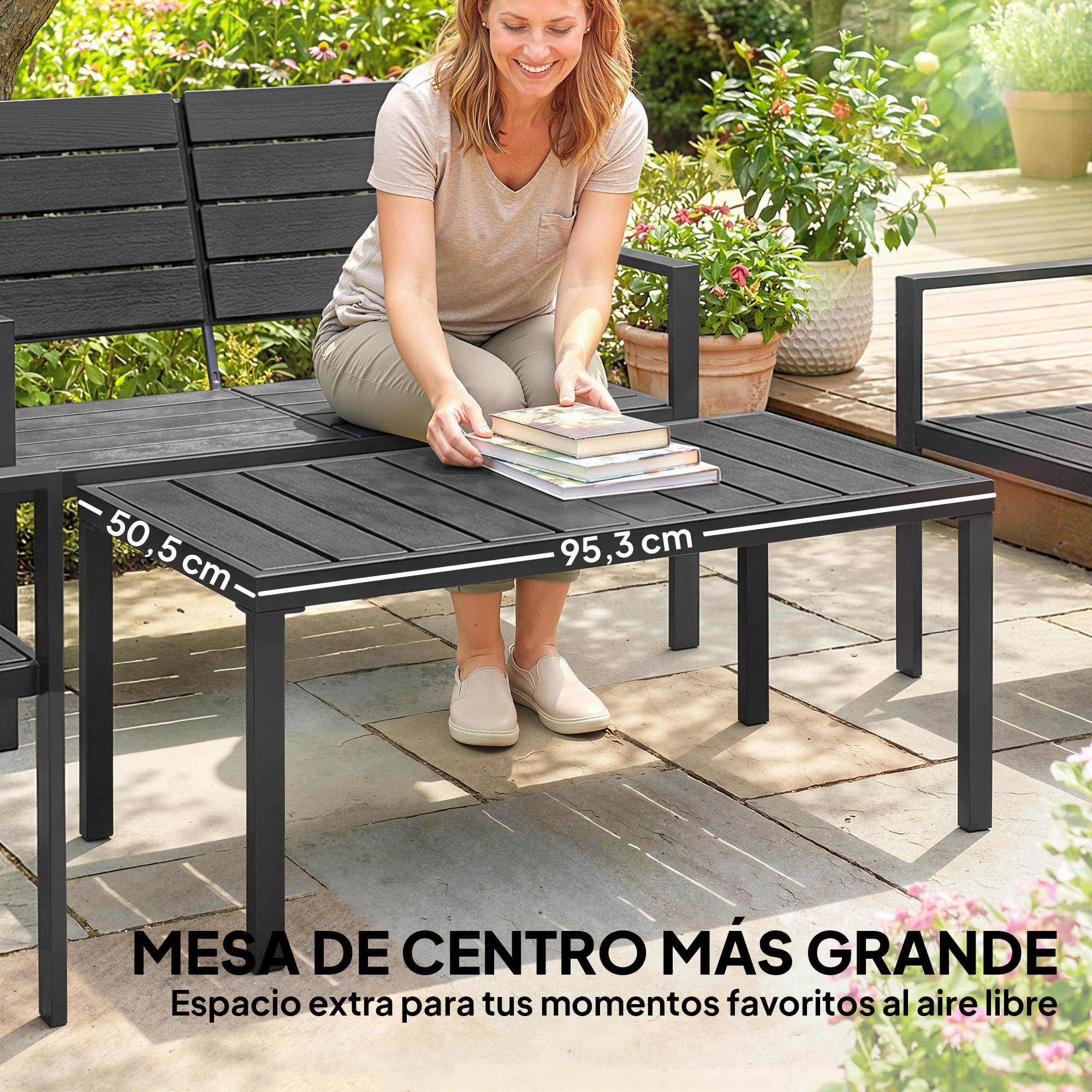 Conjunto de Muebles de Jardín para 4 Personas, Sofá de Jardín de 4 Piezas con Sofá de 2 Plazas, 2 Sillones, Mesa de Centro, Estructura Metálica, Negro