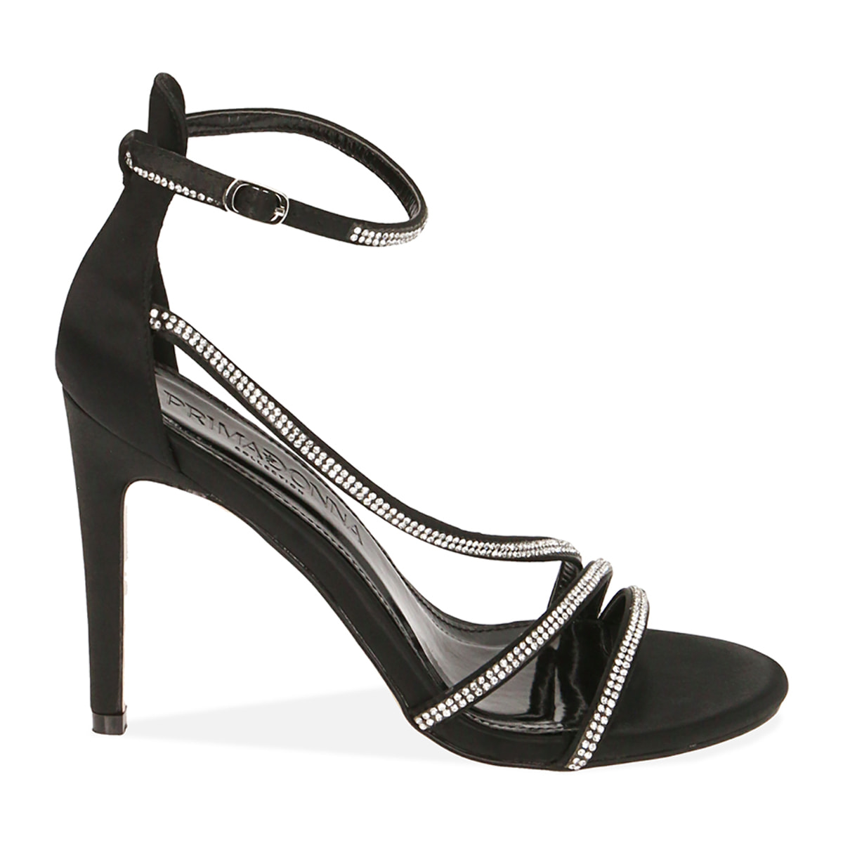 Sandalias de raso negro, tacón 10 cm.