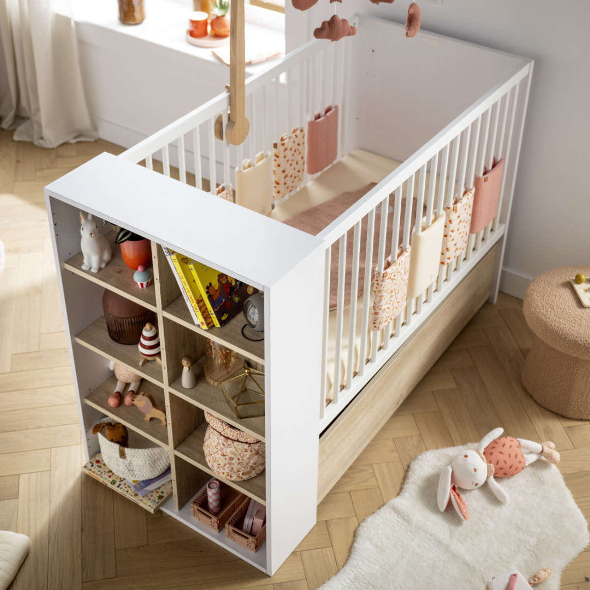 Chambre bébé évolutive Paloma, Lit 120x60 évolutif et Commode à langer 3 tiroirs - Chêne sépia
