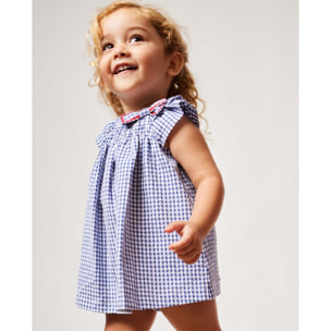 VESTIDO CON GOMAS Y VOLANTE CUADRO VICHY AZUL Y BLANCO