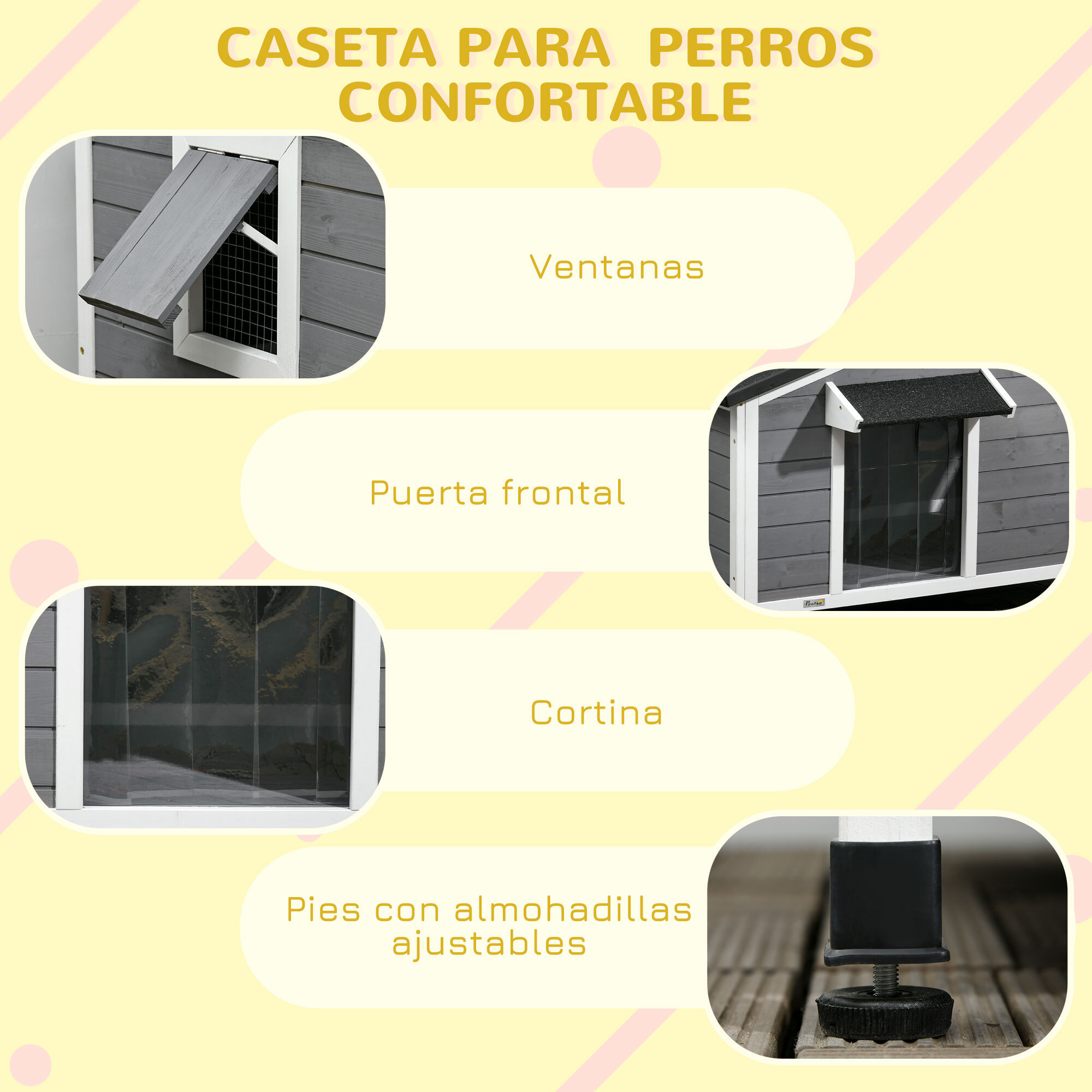 Caseta para Perros de Madera 97x72x65 cm Casita para Mascotas con Techo Asfáltico Abatible 2 Ventanas Puerta con Cortina y Base Extraíble Gris