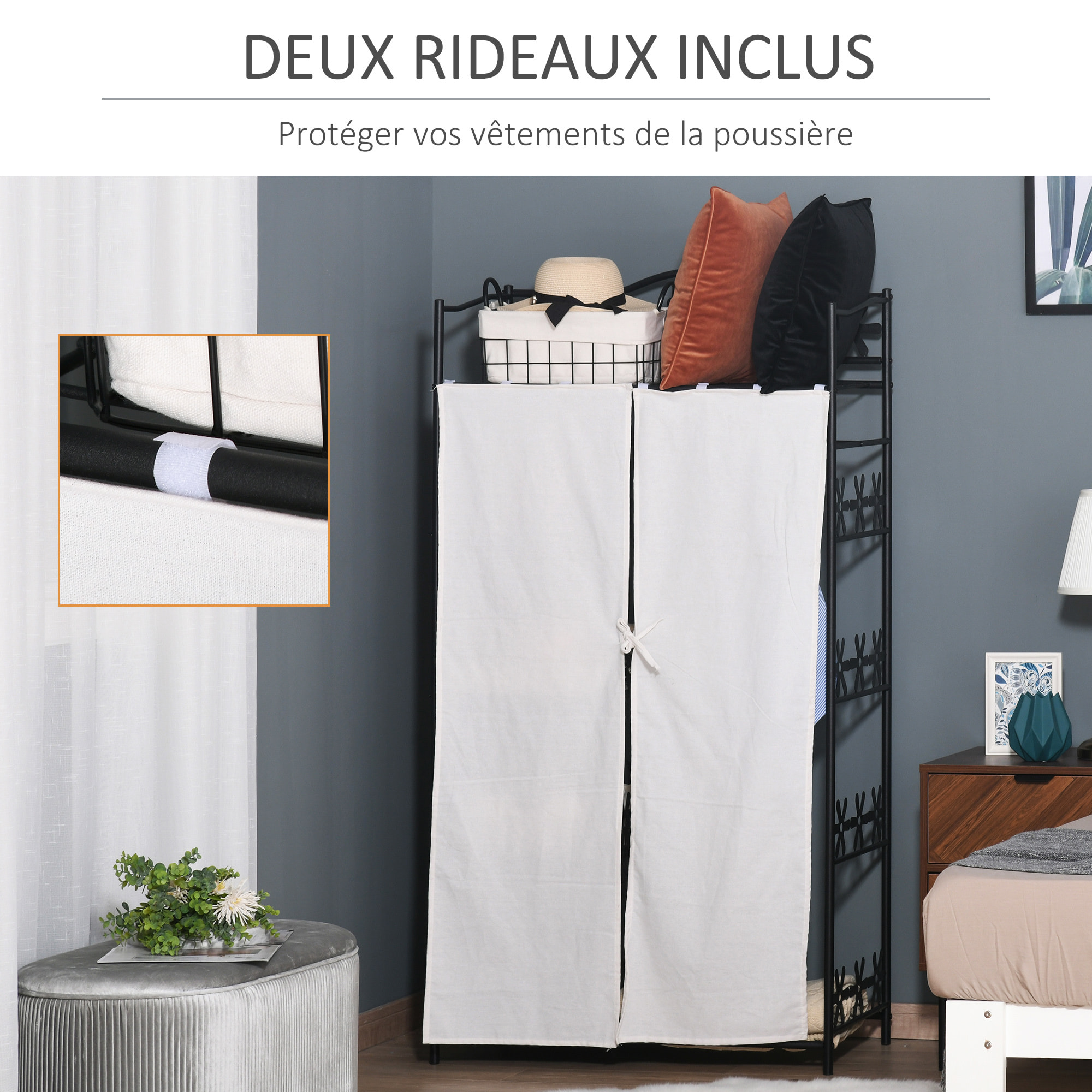 Armoire penderie multi-rangement - 5 étagères - dim. 84L x 42l x 158,5H cm - métal noir motif fleurs 2 rideaux blanc