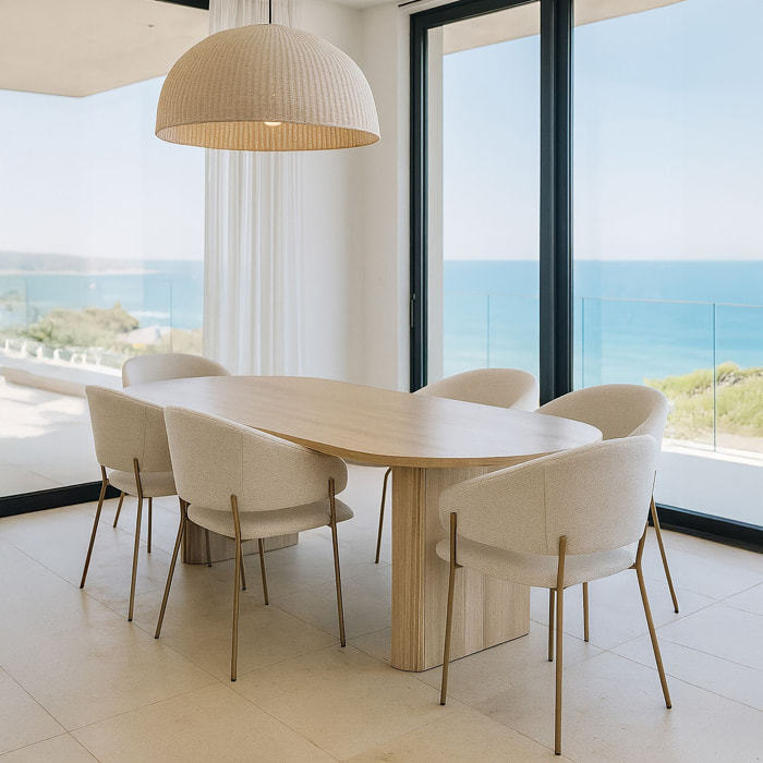 Ensemble table ovale et 6 fauteuils en tissu écru QUITO