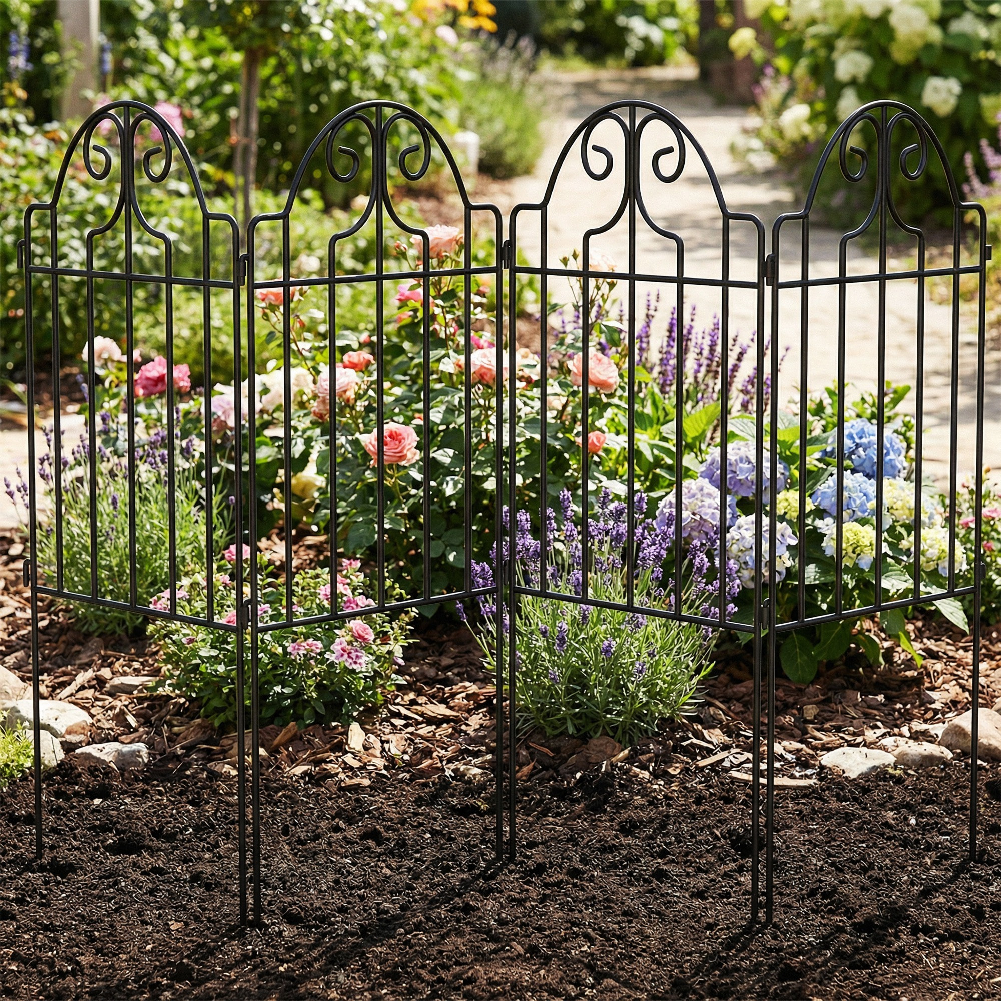 Set de 4 Vallas de Jardín de Metal, 125x57 cm, Vallas de Jardín Exterior Decorativas con Diseño Arqueado, Resistente y Fácil de Instalar, para Huerto, Patio, Terraza, Césped, Negro